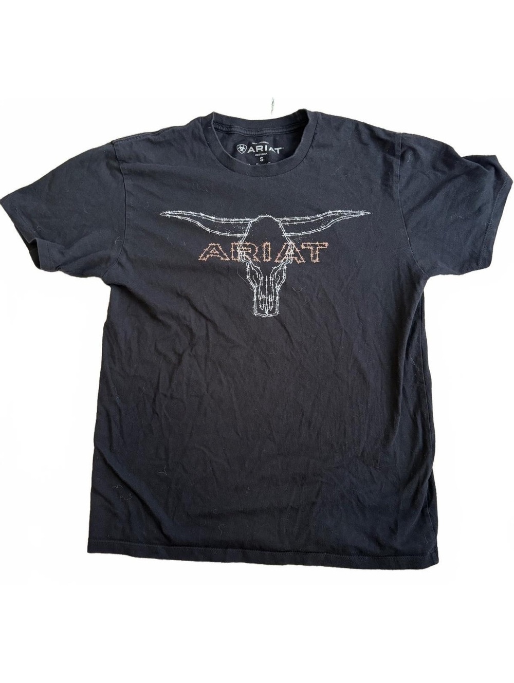 Ariat Mens Small T-Shirt Black Graphic Tee Barbed Wire Steer Skull Western